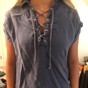 Cap sleeve lace up top: navy blue